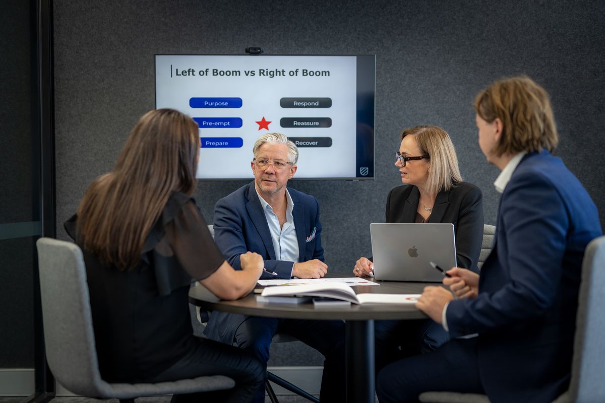 Four Left of Boom advisers around a meeting table, with the Left of Boom vs Right of Boom framework on screen behind them